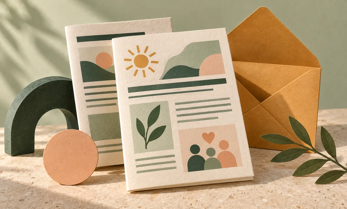 Paper newsletters with warm shapes, an envelope, and a small branch