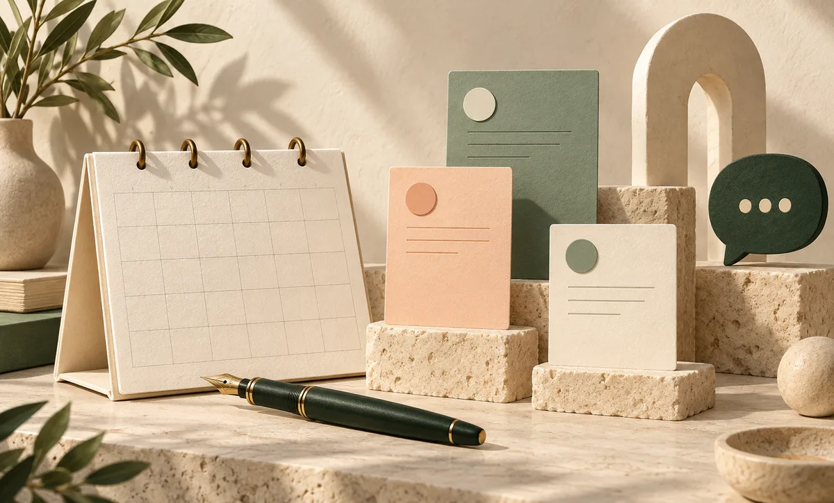 A paper calendar, writing pen, and blank post cards arranged on stone